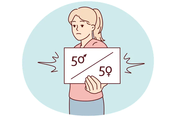 Disgruntled girl shows sign calling for equal number of men and women in companies  Illustration