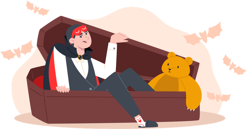 Disgruntled vampire woke up and looking out of coffin  Illustration