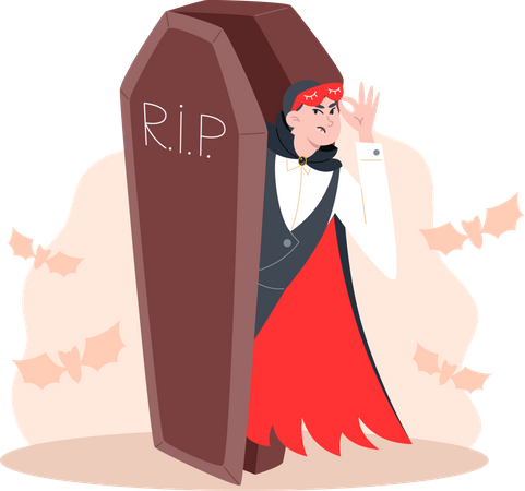 Disgruntled vampire woke up and looks out of coffin  Illustration