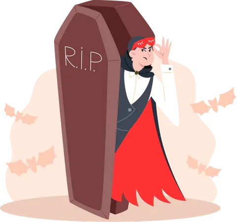 Disgruntled vampire woke up and looks out of coffin  イラスト