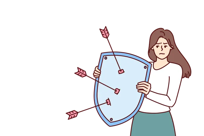 Disgruntled woman with shield defends herself from harassment  Illustration
