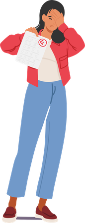 Disheartened Student Girl Character Holds An F Test Result  Illustration