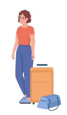 Disheveled female tourist with bag and baggage Illustration