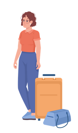 Disheveled female tourist with bag and baggage  Illustration