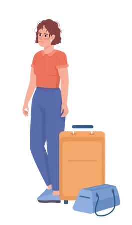 Disheveled female tourist with bag and baggage  Illustration