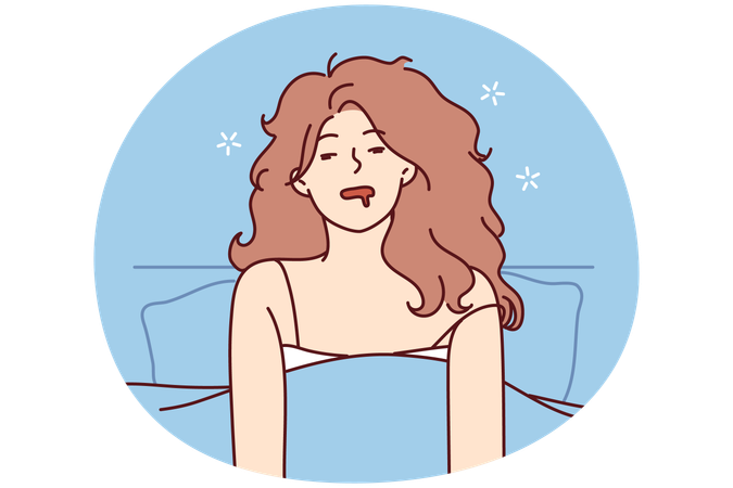 Disheveled woman in nightgown sits in bed after abrupt awakening or unpleasant dreams  Illustration