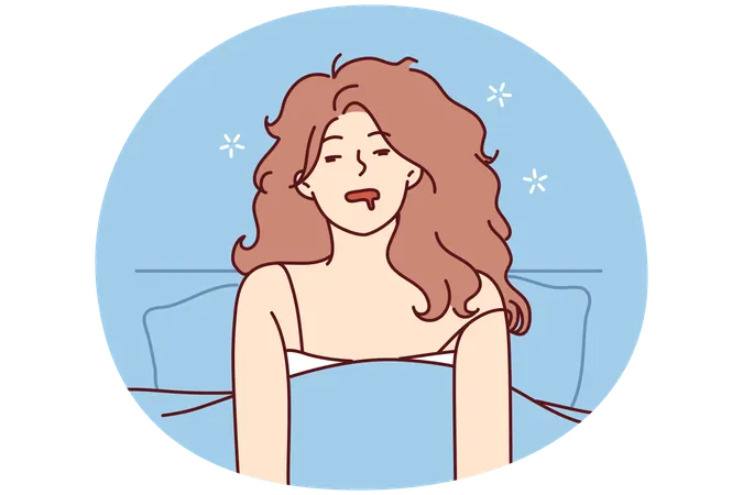 Disheveled woman in nightgown sits in bed after abrupt awakening or unpleasant dreams  Illustration