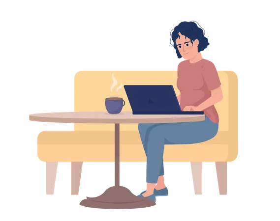 Disheveled woman typing on laptop from cafe seating Illustration