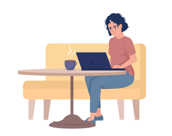 Disheveled woman typing on laptop from cafe seating  Illustration