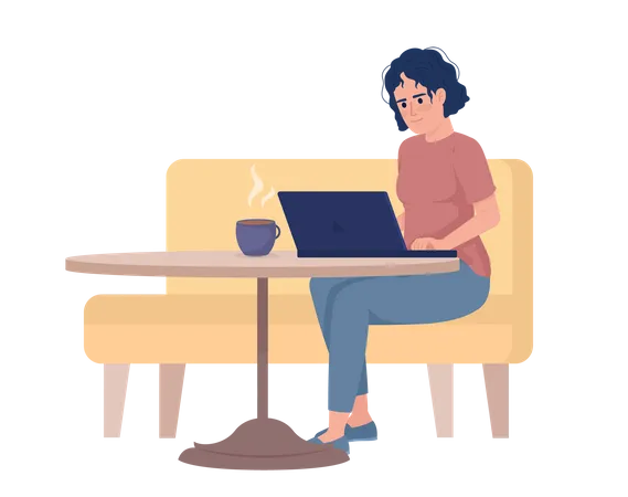 Disheveled woman typing on laptop from cafe seating  Illustration