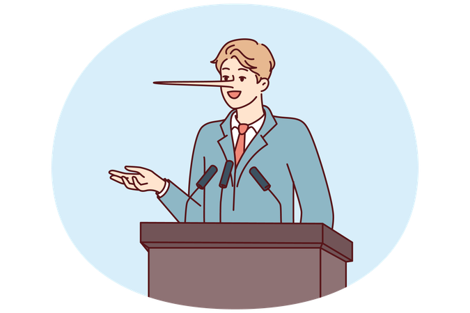 Dishonest man politician with long nose stands behind podium during election campaign  Illustration