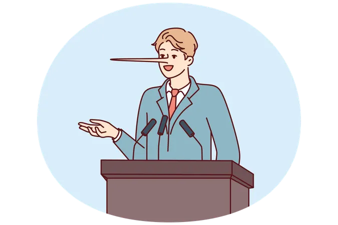 Dishonest man politician with long nose stands behind podium during election campaign  Illustration
