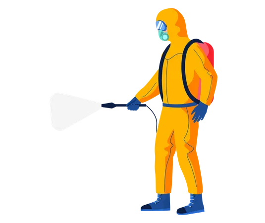 Disinfectant Worker Wearing Hazmat Suit Is Disinfecting Preventive Measures Concept Character In Protective Outfit Cleaning Pollution With Special Balloon On His Back Isolated On White Background Illustration