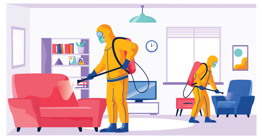 Disinfectant workers clean live room Illustration