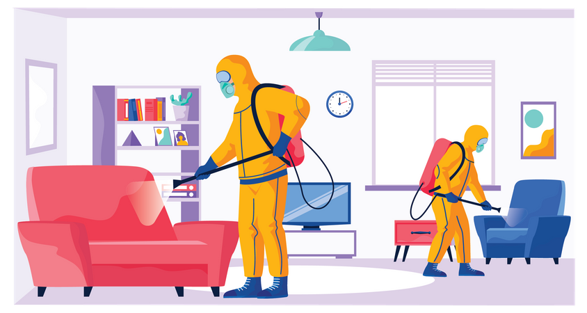 Disinfectant workers clean live room  Illustration