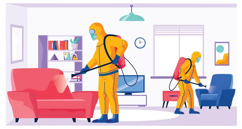 Disinfectant workers clean live room  Illustration