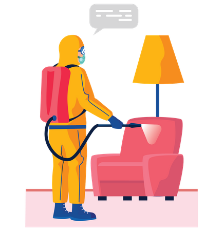 Disinfectant workers clean sofa Illustration