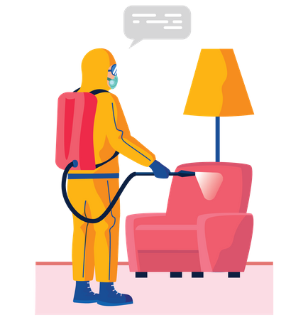 Disinfectant workers clean sofa  Illustration