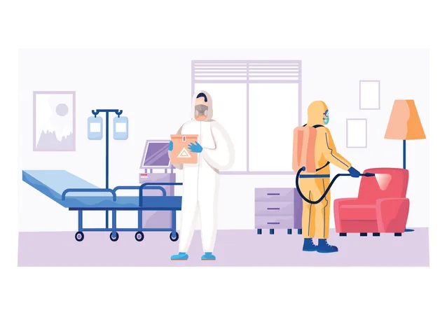 Disinfectant workers sanitize hospital room  Illustration