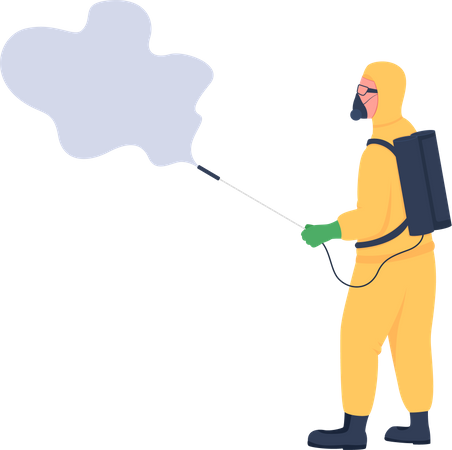 Disinfector with spray in protective uniform  Illustration