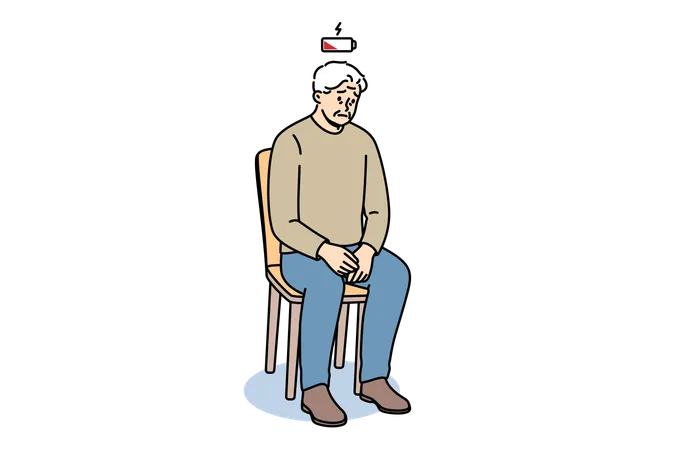 Agotamiento de vitalidad sentido por un anciano sentado en una silla con la batería vacía sobre la cabeza  Ilustración