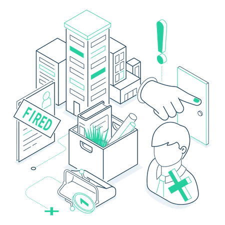 Dismissal Green And Black Line Isometric Illustration Unpleasant Situation And Troubles At Work Idea Collect Things And Leave The Workplace Unemployment Economic Crisis Concept Illustration