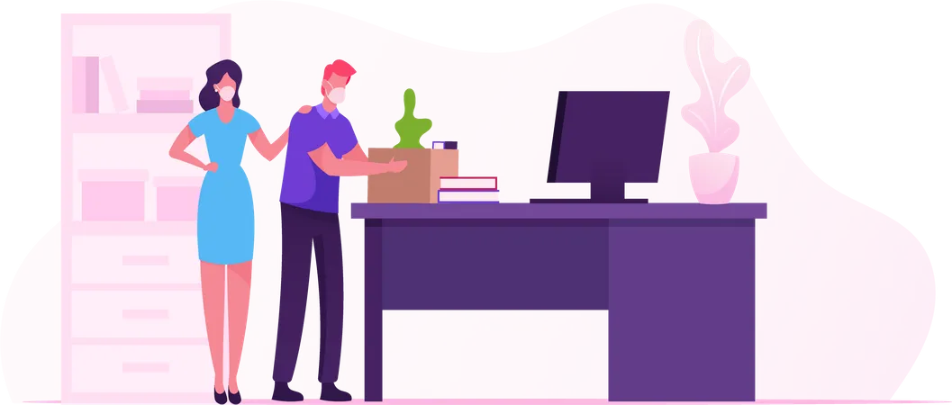 Dismissal During Quarantine Covid 19 Self Isolation Sad Worker Character Put Belongings In Box Fired Employee Leaving Office With Cardboard Colleague Support Cartoon Vector People Illustration Illustration