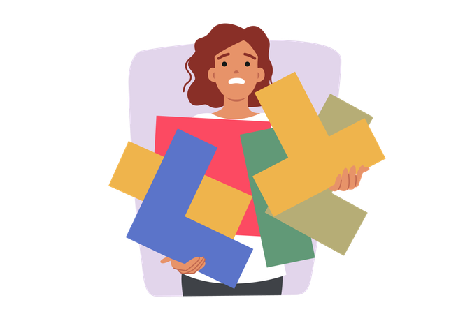 Disoriented woman holding puzzle piece  Illustration