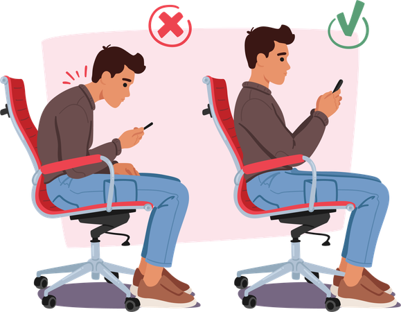 Displaying correct and wrong pose while sitting on chair and using mobile  일러스트레이션