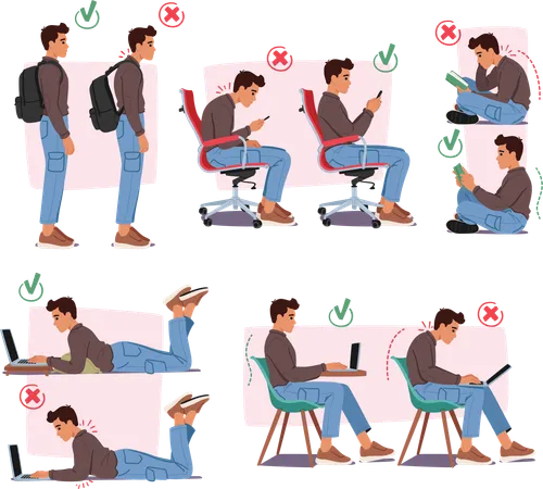 Man Perform Wrong And Right Body Postures For Reading Working On Laptop Using Smartphone And Carrying Rucksack Male Character Promoting Prevention Health Issues Cartoon People Vector Illustration Illustration