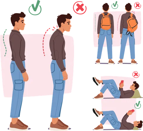 Infographics With Man Showing Proper And Improper Body Postures For Standing Reading And Carrying Backpack Include Slouching And Hunching Or Straight Spine Positions Cartoon Vector Illustration Illustration