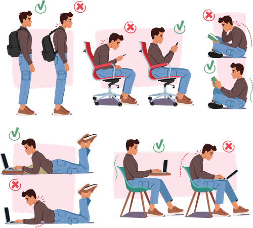 Displaying good and bad body postures  Illustration