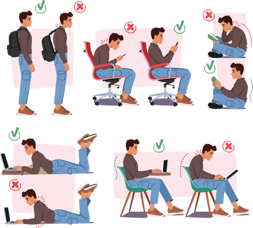 Displaying good and bad body postures  Illustration