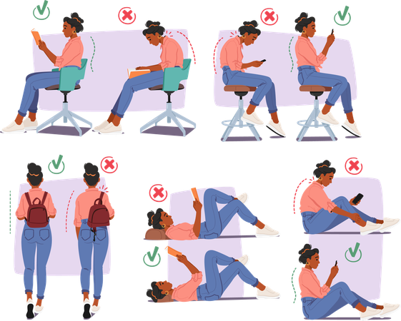 Displaying good and bad body postures  Illustration