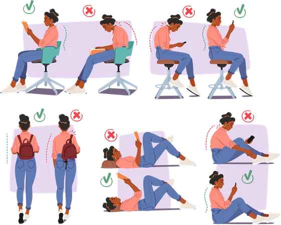 Displaying good and bad body postures  Illustration