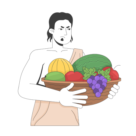 Displeased ancient man in toga holding fruit basket  Illustration