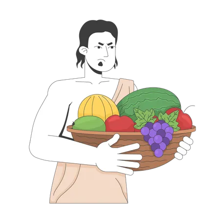 Displeased ancient man in toga holding fruit basket  Illustration