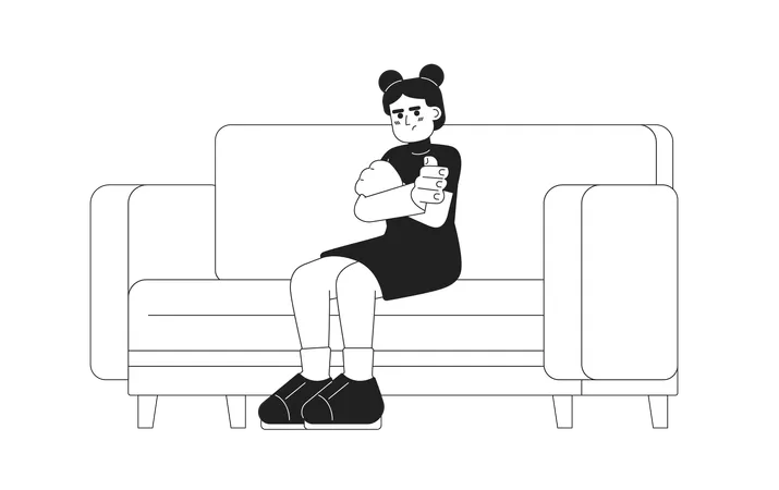 Displeased Young Girl With Folded Hands Monochromatic Flat Vector Character Moody Teenager Sitting On Couch Editable Thin Line Person On White Simple Bw Cartoon Spot Image For Web Graphic Design Illustration