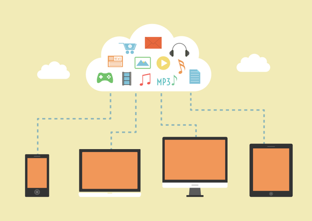 El dispositivo electrónico puede descargar archivos y otro entretenimiento desde el servidor en la nube  Ilustración