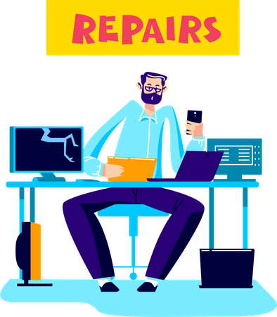 Trabalhador de serviço de conserto de computadores consertando dispositivos  Ilustração