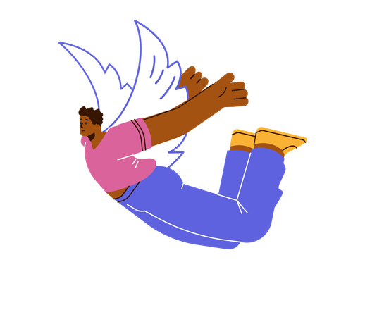 Disproportionate black man flies in air with doodle wings  Illustration