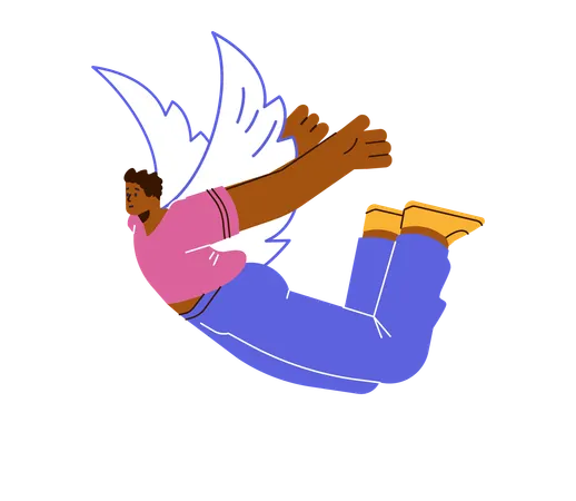 Disproportionate black man flies in air with doodle wings  Illustration
