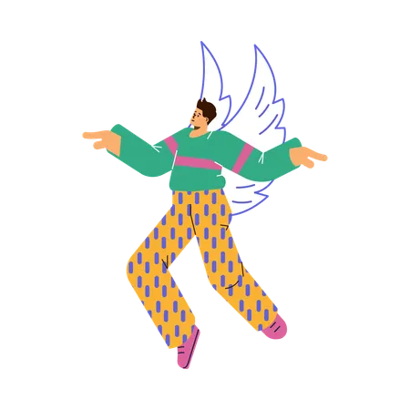 Disproportionate man flies in air with doodle wings  Illustration