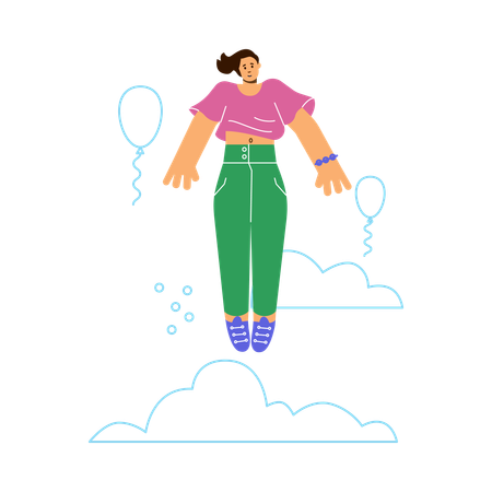 Disproportionate woman flies in air with doodle clouds  Illustration