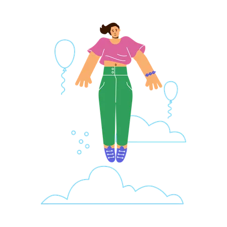 Disproportionate woman flies in air with doodle clouds  Illustration