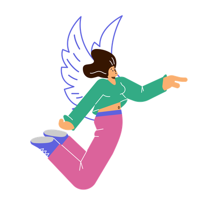 Disproportionate woman flies in air with doodle wings  Illustration