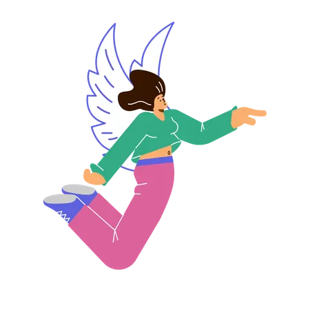 Disproportionate woman flies in air with doodle wings  Illustration