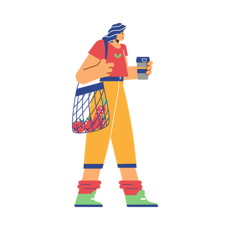 Disproportionate woman walk with biodegradable bags with vegan food and glass bottle of water  Illustration