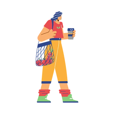 Disproportionate woman walk with biodegradable bags with vegan food and glass bottle of water  Illustration