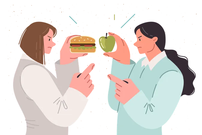 Dispute over choosing right diet between two women holding burger and apple to satisfy hunger  Illustration